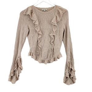 Ronny Kobo Stretch Lace Ruffled Top Size Medium Neutrals Nude Romantic Viscose